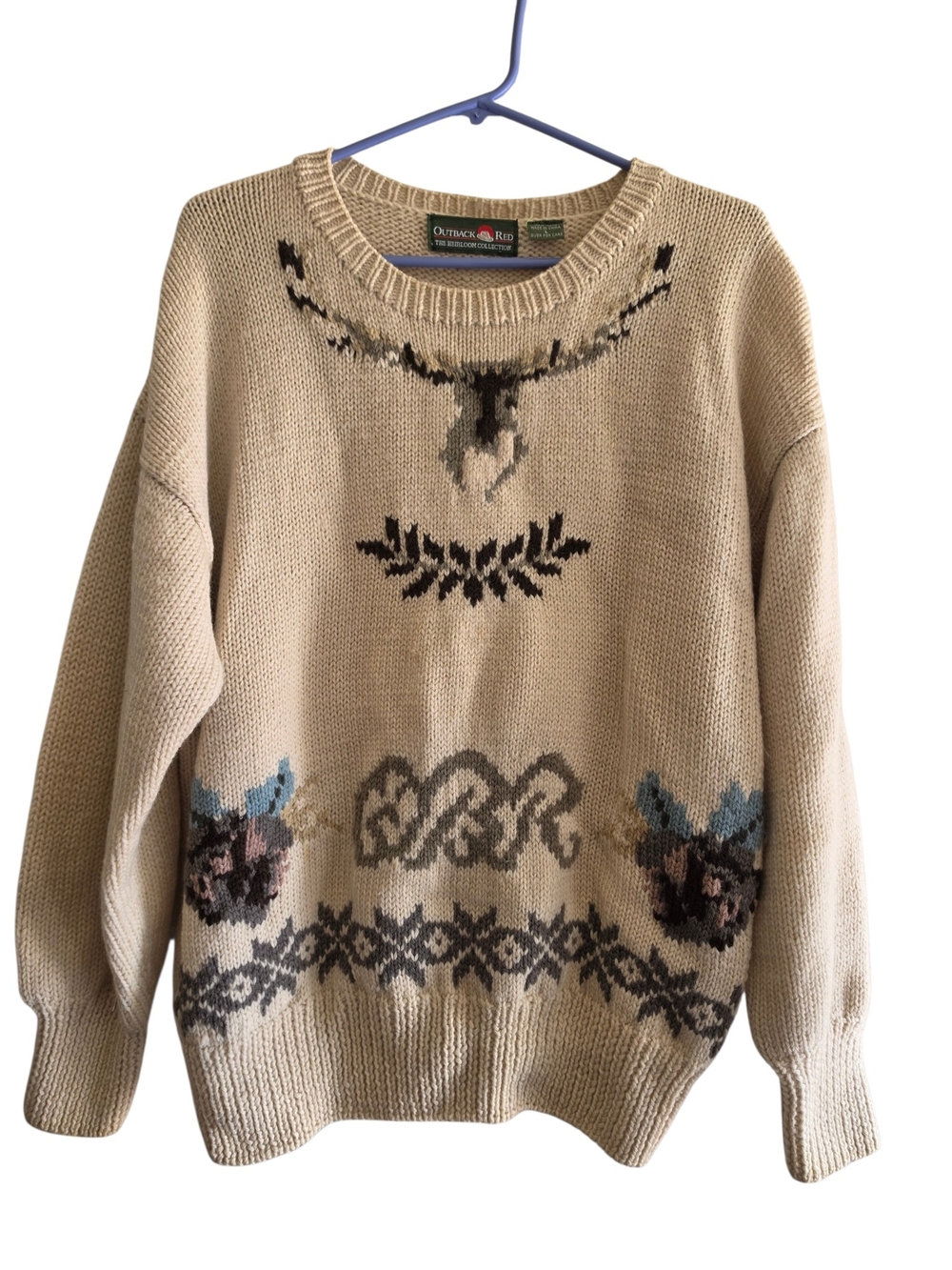 Outback Red Beige Crewneck Sweater with Rustic Graphic Motif